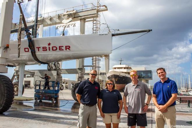 L to R: Steven and Jane Anderson meet the boat captain of Outsider, owned by NRV member Tilmar Hansen who is a fellow race competitor. The early race arrivals were shown round the marina by Managing Director, José Juan Calero ©  Pilar Hernández / Calero Marinas